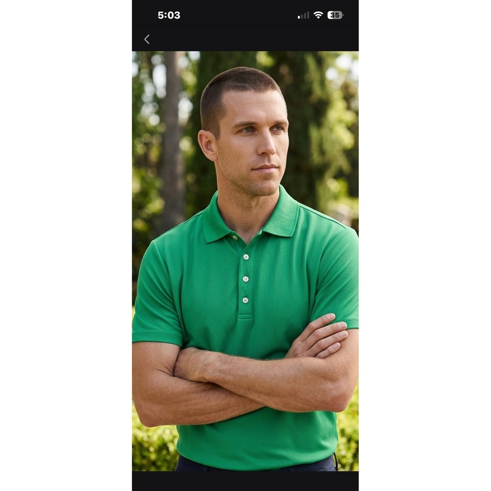 Lands End Mens Polo Shirt Green Mesh Pique Short Sleeve Large 14-16 4-Button